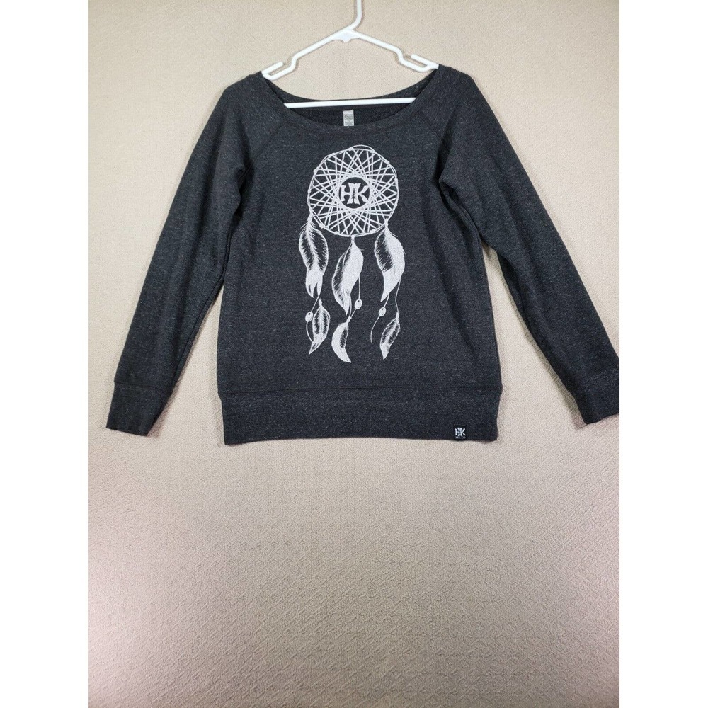 Hill Kid Sweater Womens Small S Pullover Fleece Dreamcatcher Logo Print Gray